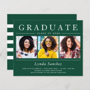 Papier 3 Photo Green White Stripes Graduation Invitations