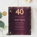 Papier 40e anniversaire burgundy rose or invitation<br><div class="desc">Pour un 40ème anniversaire élégant. Une couleur arrière - plan dégradé bordeaux. Décoré avec de la poussière de parties scintillant en faux or rose. Personnalisez et ajoutez un nom et des détails du parti. Le nom est écrit avec un script de style écrit à la main. 1 feuille = 1...</div>