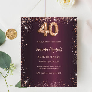 Papier 40e anniversaire burgundy rose or invitation