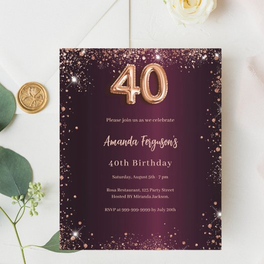 Papier 40e anniversaire burgundy rose or invitation