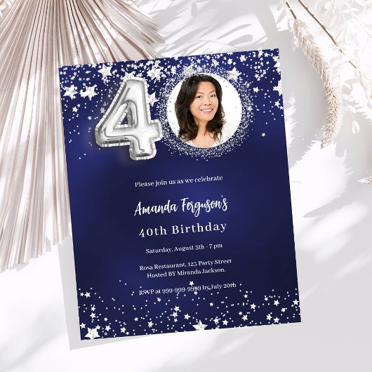 Papier 40e anniversaire marine bleu argent invitation pho