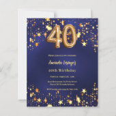 Papier 40e anniversaire marine bleu or étoiles invitation (Devant)