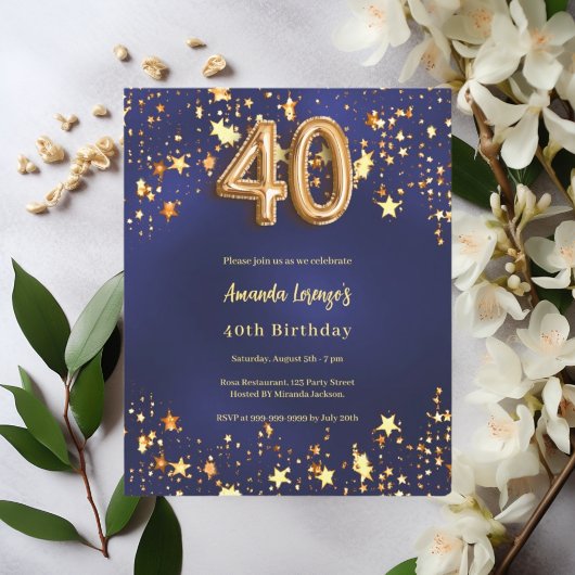Papier 40e anniversaire marine bleu or étoiles invitation