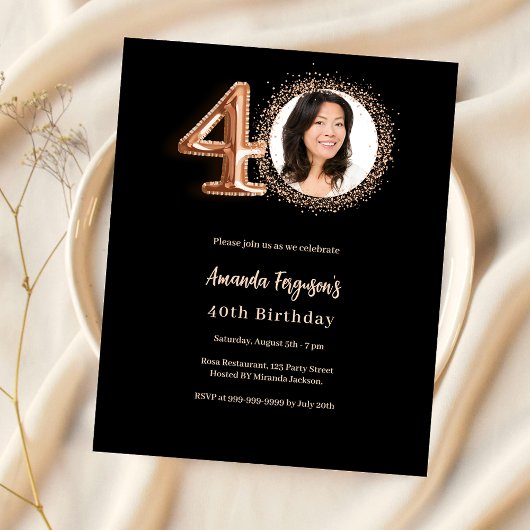 Papier 40e anniversaire noir rose d'or invitation photo