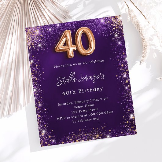 Papier 40e Anniversaire rose violet invitation en or