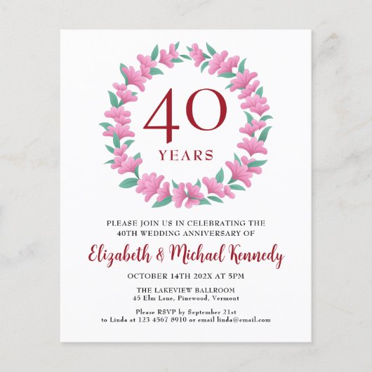Papier 40e anniversaire Ruby Floral Wreath Invitation (Devant)