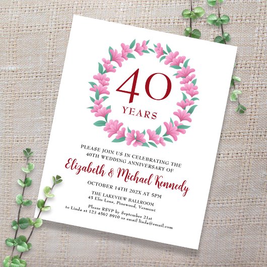 Papier 40e anniversaire Ruby Floral Wreath Invitation