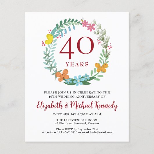 Papier 40e anniversaire Ruby Floral Wreath Invitation (Devant)