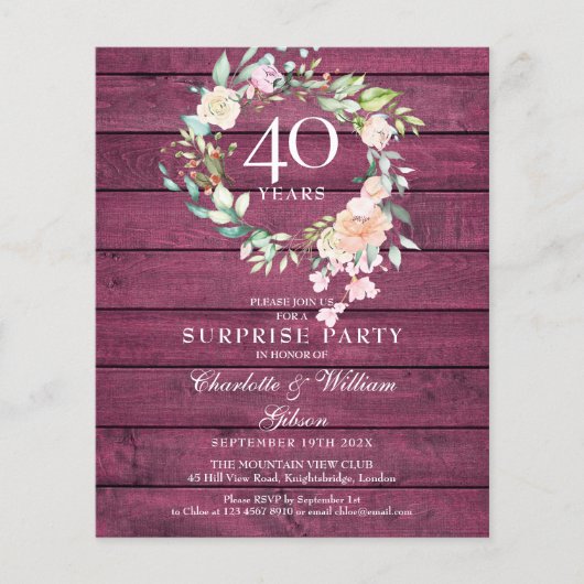 Papier 40e Anniversaire Ruby Rustic Bois Floral Invitatio (Devant)