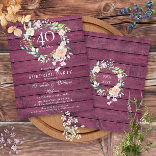 Papier 40e Anniversaire Ruby Rustic Bois Floral Invitatio
