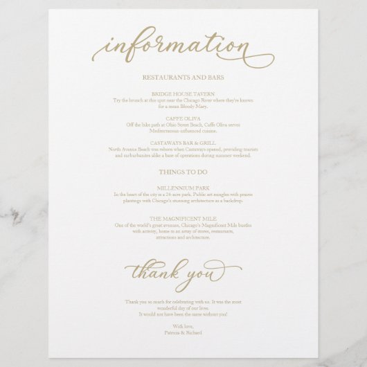 Papier 4 Jours Mariage Itinéraire Chic Gold Script (Dos)