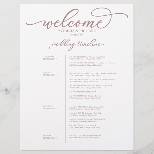 Papier 4 Jours Mariage Itinéraire Chic Rose Gold Script (Devant)