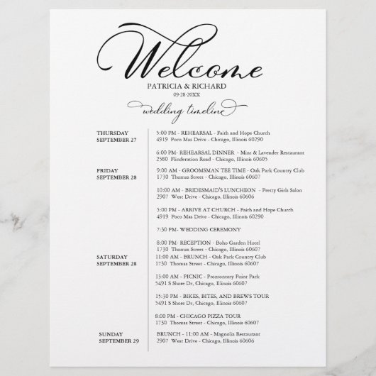 Papier 4 Jours Mariage Week-end Itinéraire Élégant Script (Devant)