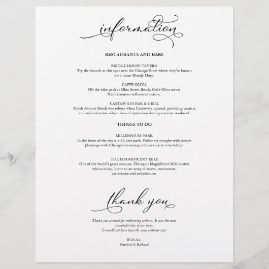 Papier 4 Jours Mariage Week-end Itinéraire Élégant Script (Dos)