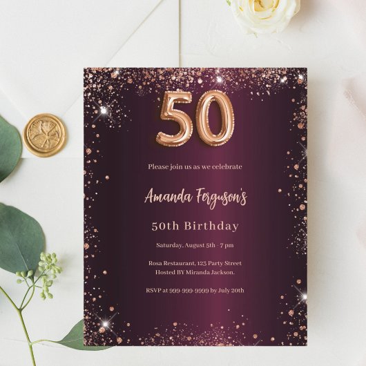 Papier 50e anniversaire burgundy rose or invitation