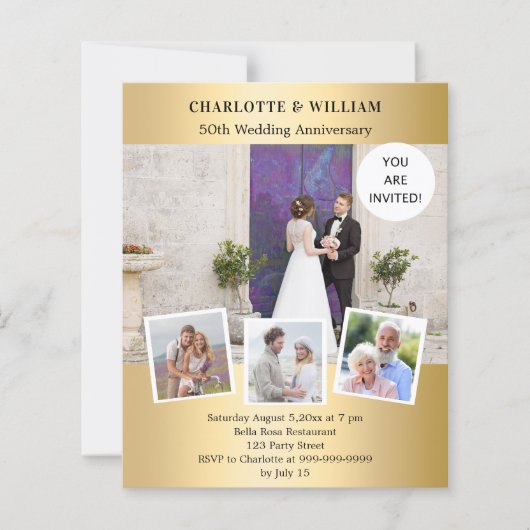 Papier 50e anniversaire mariage invitation photo or (Devant)