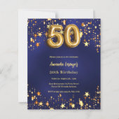 Papier 50e anniversaire marine bleu or étoiles invitation (Devant)