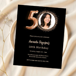 Papier 50e anniversaire noir rose or photo invitation
