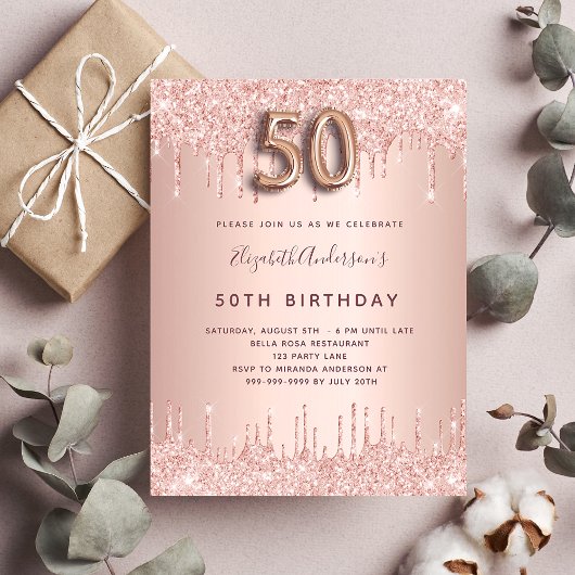 Papier 50e anniversaire rose invitation d'or
