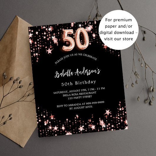 Papier 50e anniversaire rose noir or budget invitation