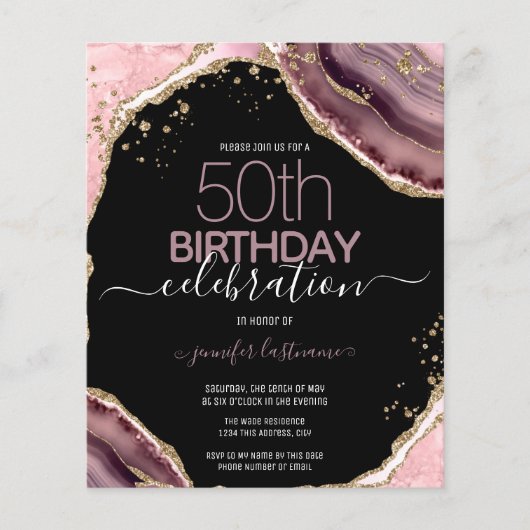 Papier 50e Anniversaire Rose Purple Agate Budget Invitati (Devant)