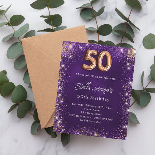 Papier 50e Anniversaire violet rose invitation or