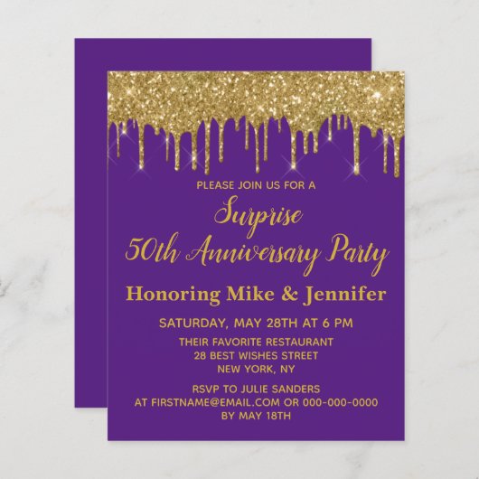 Papier 50e Invitation de la fête de surprise d'or violet (Devant / Derrière)