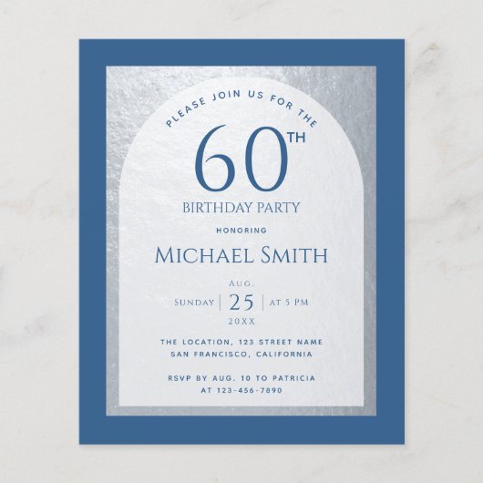 Papier 60 Anniversaire Budget Argent classique Bleu Invit (Devant)