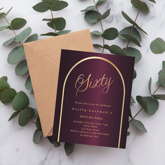 Papier 60e anniversaire burgundy or arch script invitatio