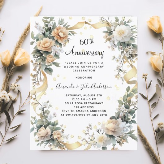 Papier 60e anniversaire mariage invitation fleurons jaune