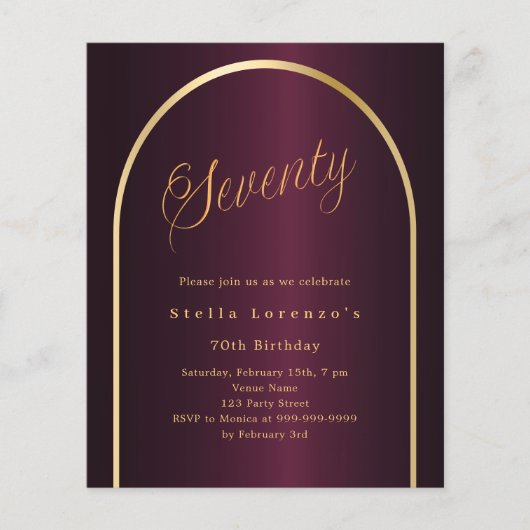 Papier 70e anniversaire burgundy or arch script invitatio (Devant)