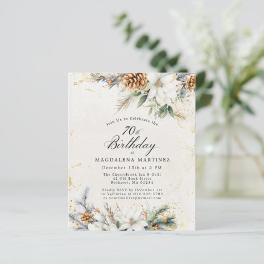 Papier 70e anniversaire Hiver White Floral Invitation (Debout devant)