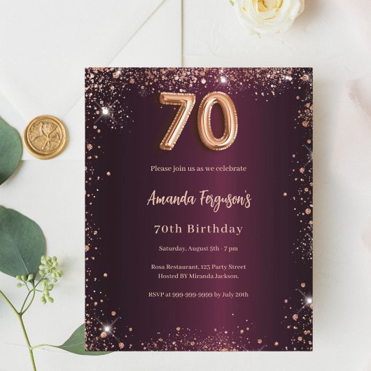 Papier 70e anniversaire invitation en or bordeaux
