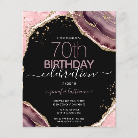Papier 70e Anniversaire Rose Purple Agate Budget Invitati (Devant)