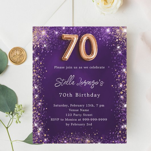 Papier 70e Anniversaire violet rose invitation or