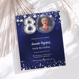 Papier 80e anniversaire marine bleu argent invitation pho
