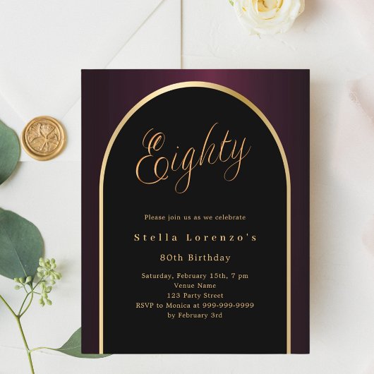 Papier 80e anniversaire noir bordeaux or invitation