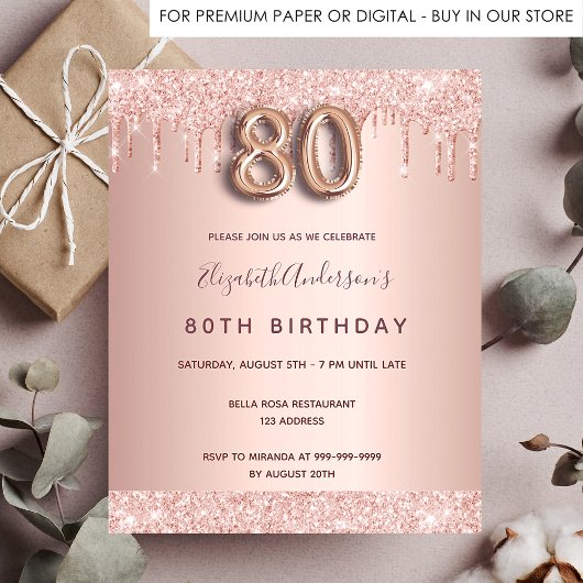 Papier 80e anniversaire rose invitation or