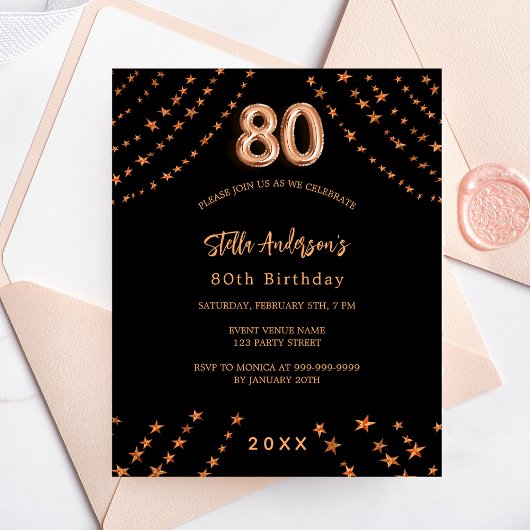 Papier 80e anniversaire rose noir invitation budget or