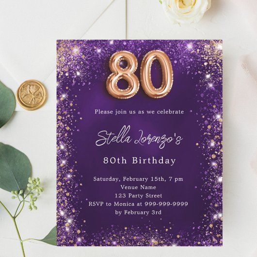 Papier 80e Anniversaire violet rose d'or invitation