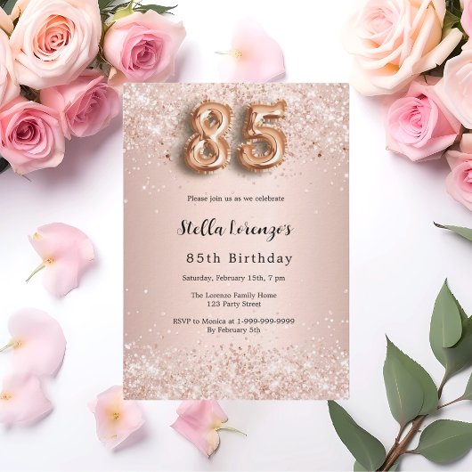 Papier 85e anniversaire rose invitation confetti rose or