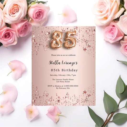 Papier 85e anniversaire rose or rose étoiles invitation