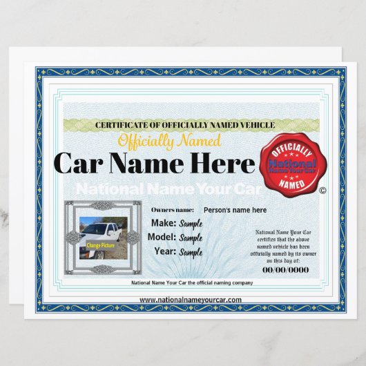 Papier 8x11 Nom national Votre voiture certificat officie (Devant / Derrière)