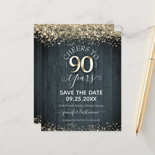 Papier 90e anniversaire d'or Enregistrer la date Invitati (Devant/Arrière en situation)