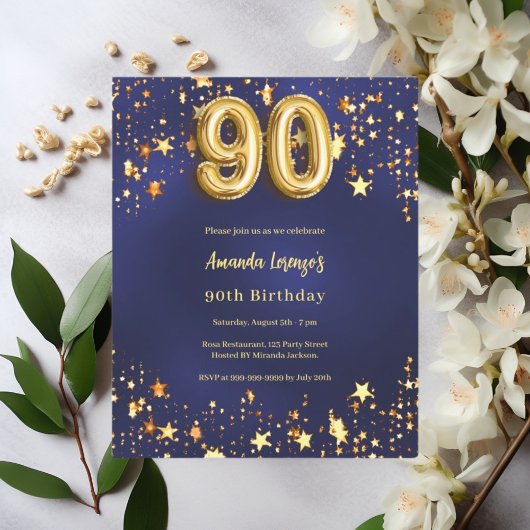 Papier 90e anniversaire marine bleu or étoiles invitation