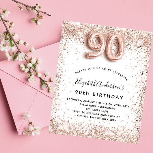 Papier 90e anniversaire rose or blanc invitation