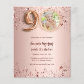 Papier 90e anniversaire rose or photo étoiles invitation (Devant)