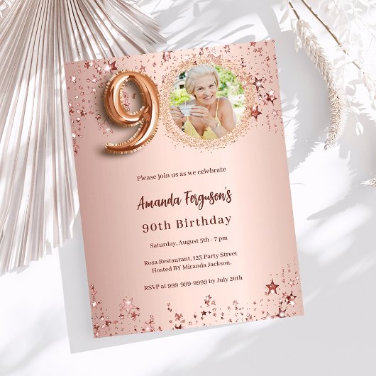Papier 90e anniversaire rose or photo étoiles invitation