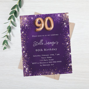 Papier 90e Anniversaire violet rose invitation en or