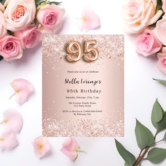 Papier 95e anniversaire rose invitation confetti rose or